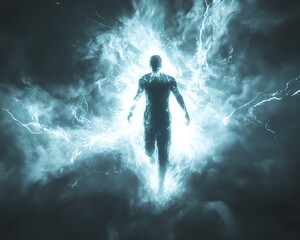 Obraz premium A human figure with a bright, glowing aura, emitting intense white lightning, surrounded by radiant energy, powerful and electrifying, set against a dark, contrasting background