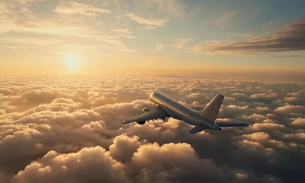 Airplane flying over the clouds at sunset