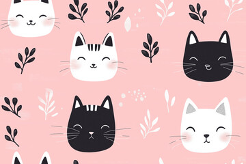 Obraz premium Cute minimalistic pattern featuring cat faces on a soft pink background, with simple black and white line details. Ideal for playful decor, stationery, or children’s products.