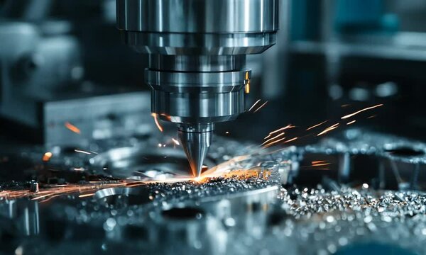 Closeup of a CNC Machine Cutting Metal with Sparks Flying