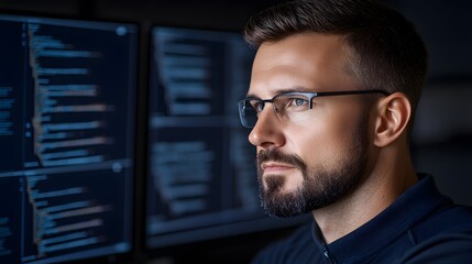 Obraz premium A focused man in glasses analyzing data on multiple screens, showcasing modern technology and concentration in a dark environment.