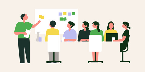 Brainstorming Team Concept. Business People Discussing Idea on Board Meeting in Office. Teamwork Project Development Process. Employees Work on Laptops and Communicate. Vector Illustration