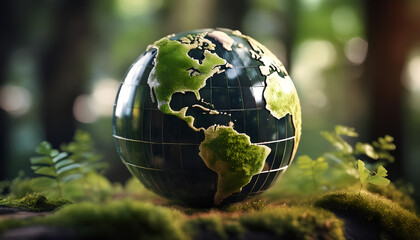 A vibrant globe showing details of North and South America surrounded by lush greenery and moss in a forest setting