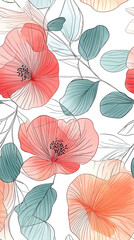 A delicate seamless pattern with hand-drawn flowers and leaves in soft, muted pastel colors on a white background, evoking a serene and elegant atmosphere.