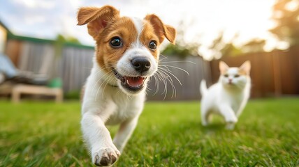 Puppy chasing a cat in a playful manner, blurred motion, sunlit backyard