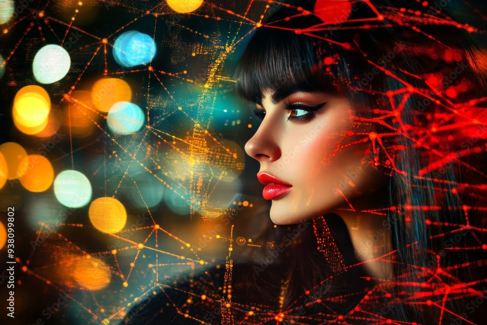 Poster close up of a woman with a cyber face mask representing the merging of identity and technology in a 