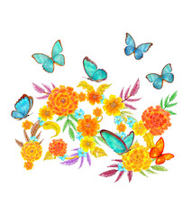 watercolor colorful floral arrangement with marigold flowers, golden leafy twigs and butterflies. abstract vintage design with tagetes blooming
