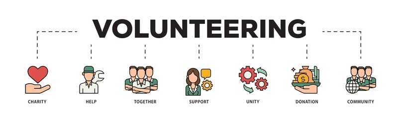 Volunteering icon infographic illustration concept with icon of charity, help, together, support, unity, donation, and community icon png and easy to edit 