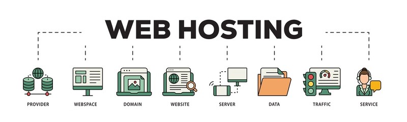 Web hosting icon infographic illustration concept with icon of provider, webspace, domain, website, server, data, traffic and service icon png and easy to edit 