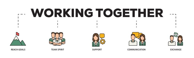 Working together icon infographic illustration concept with icon of collaboration, reach goals, team spirit, support, communication, and exchange icon png and easy to edit 