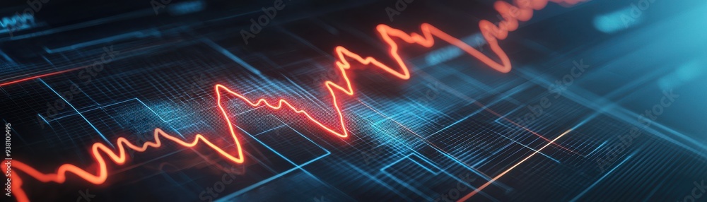Aufkleber an abstract visualization of a fluctuating data trend depicted with vibrant red lines against a digi