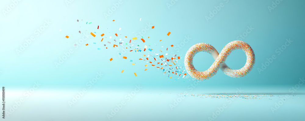 Poster a creative depiction of infinity symbol with colorful particles, representing endless possibilities 