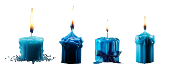 A collection of vibrant blue candles, each uniquely designed, illuminating a serene atmosphere with gentle, flickering flames.