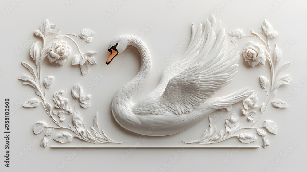 Poster 121. **a realistic 3d render of a ceramic tile art featuring a graceful swan with elegant patterns a