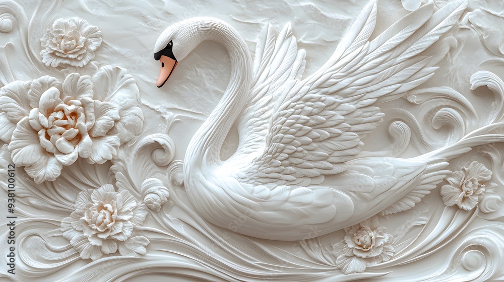 Poster 121. **a realistic 3d render of a ceramic tile art featuring a graceful swan with elegant patterns a