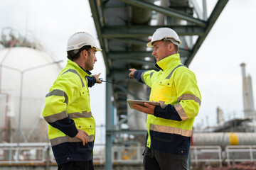 Two male petrochemical engineers with walkie-talkie and tablet working and discussing inspection and maintenance plans for pipelines for oil and gas at petroleum refinery, power plant energy industry. © Supachai