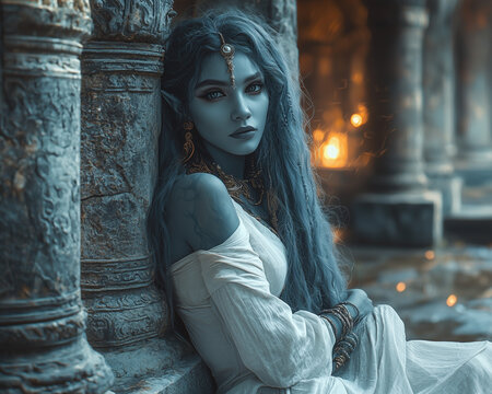 a drow woman with blue skin and long wavy hair adorned in jewelry and sitting by ancient stone pillars in a dimly lit, mystical setting