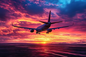 Fototapeta premium Airplane Landing at Sunset with Dramatic Sky