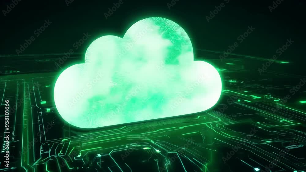 Poster exploring a dark green cloud over a digital landscape representing data and technology innovation