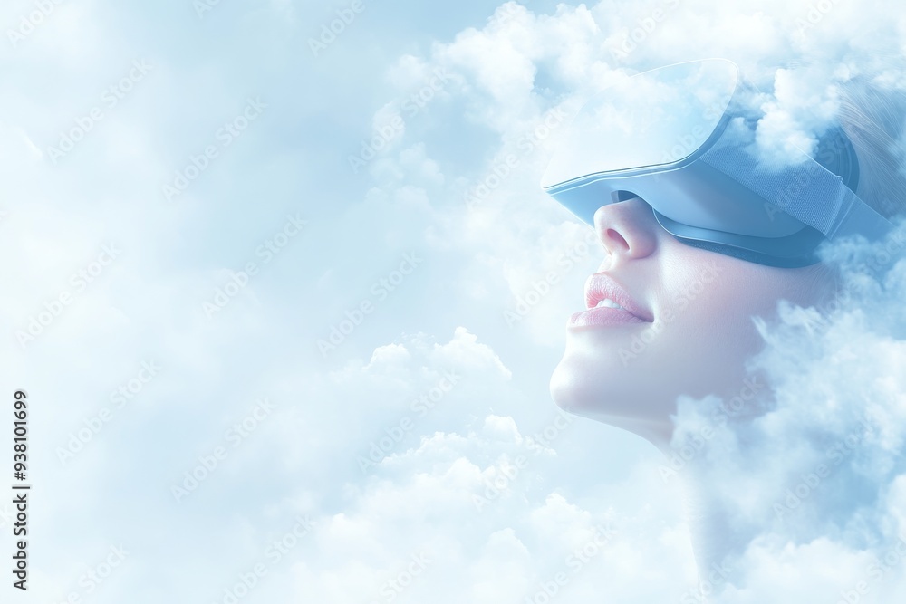 Poster person wearing vr headset in a cloudy environment highlighting the intersection of virtual reality a
