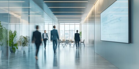 Corporate meeting room with blurred business professionals, focus on minimalist design, clean lines, and a large digital display, professional ambiance