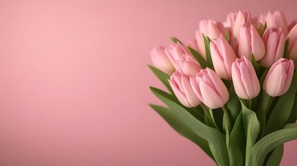 A beautiful bouquet of pink tulips against a soft pink background, perfect for spring decorations and floral arrangements.