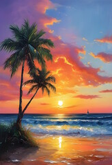 Obraz premium A beach scene at sunset oil painting art