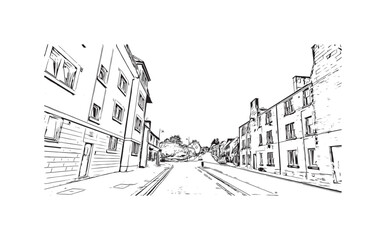 Print Building view with landmark of Stirling is the city in UK. Hand drawn sketch illustration in vector.