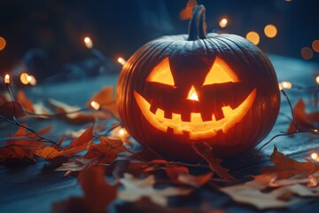 Obraz premium A carved Halloween pumpkin glowing warmly amidst festive string lights and autumn leaves, creating a spooky yet cheerful atmosphere 