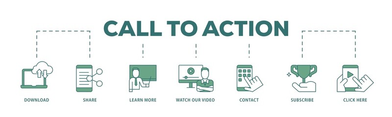 Call to action icon infographic illustration concept with icon of  click here, watch our video, subscribe, contact, learn more, share, download icon png and easy to edit 