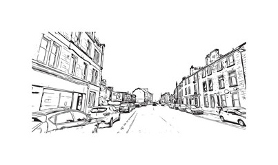 Print Building view with landmark of Stirling is the city in UK. Hand drawn sketch illustration in vector.
