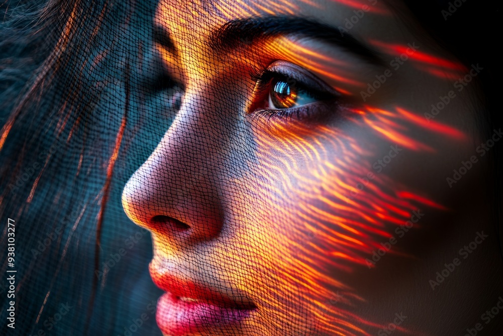 Poster close up of a womans face with light streaks highlighting the blend of art and technology in a moder