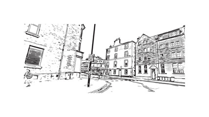 Print Building view with landmark of Stirling is the city in UK. Hand drawn sketch illustration in vector.