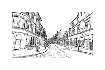 Print Building view with landmark of Stirling is the city in UK. Hand drawn sketch illustration in vector.