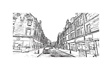 Print Building view with landmark of Stirling is the city in UK. Hand drawn sketch illustration in vector.