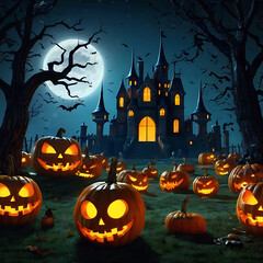 "Spooky Graveyard Night: Pumpkins, Candles, and Haunted Castle"