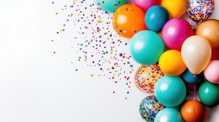 Colorful balloons and confetti create a festive atmosphere, perfect for celebrations and joyful events.