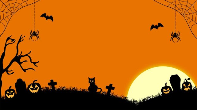 Halloween animated background with pumpkins, cat, moon, cemetery and spider in vector style.