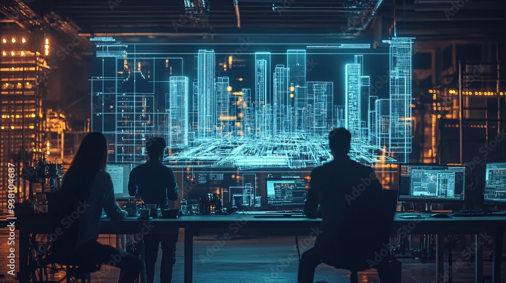 Aufkleber A team of architects gathered around a table with a central 3D holographic display of a building blueprint collaborating and discussing design changes showcasing teamwork in modern architecture Stock