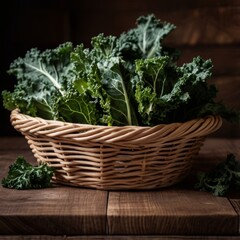Naklejka premium Fresh organic curly kale leaves in a rustic basket on a brown wooden table with a dark wooden background