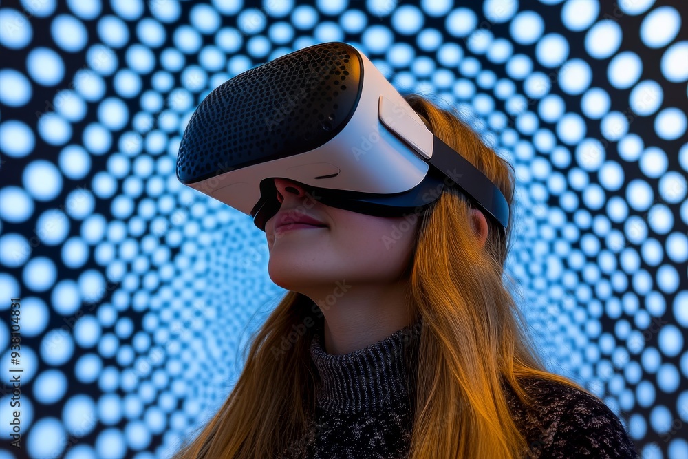 Poster woman wearing vr headset in a high tech setting symbolizing the intersection of advanced technology 