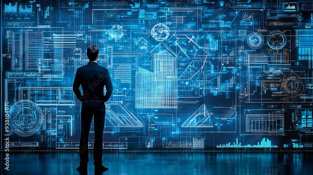 Aufkleber A futuristic architectural studio with an architect standing in front of a large holographic wall displaying a detailed blueprint of a complex building design emphasizing innovation in architectural