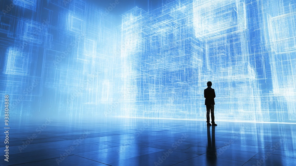 Aufkleber A futuristic architectural studio with an architect standing in front of a large holographic wall displaying a detailed blueprint of a complex building design emphasizing innovation in architectural