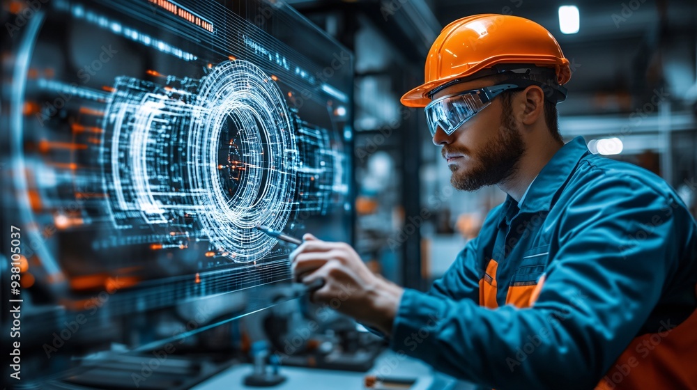 Poster An engineer in a high-tech workspace focusing intently on a 3D holographic model of a complex machine part demonstrating the intricate nature of precision engineering Stock Photo with copy space
