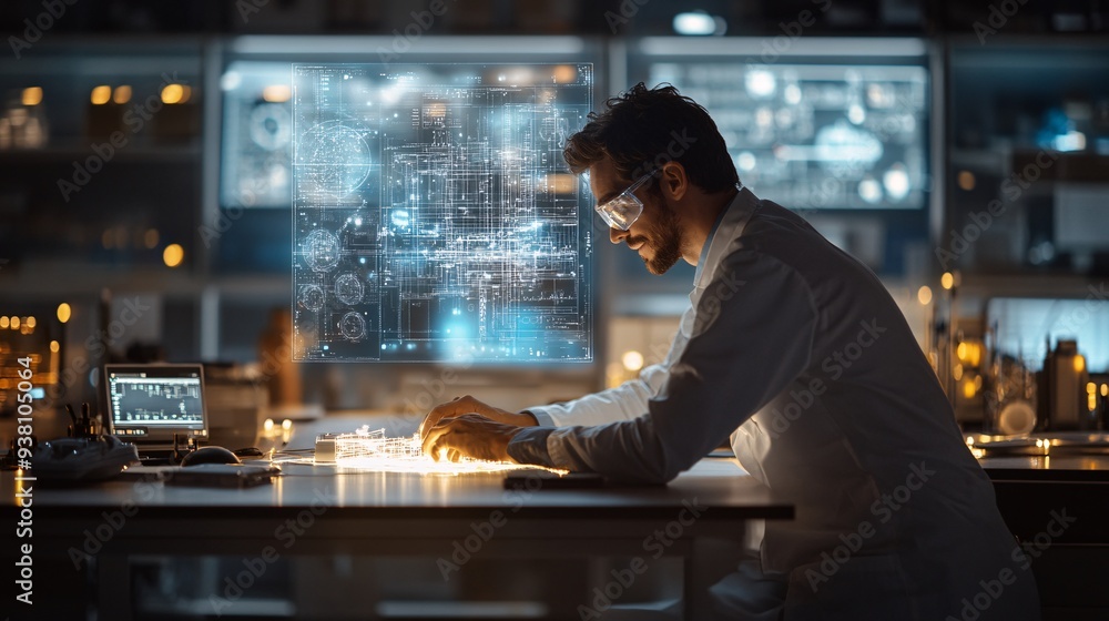 Poster A wide shot of an engineer interacting with a detailed 3D holographic blueprint of industrial machinery floating above a workstation emphasizing the role of technology in enhancing design accuracy