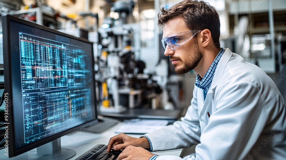 Poster An engineer in a high-tech workspace focusing intently on a 3D holographic model of a complex machine part demonstrating the intricate nature of precision engineering Stock Photo with copy space