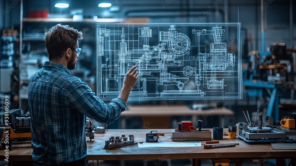 Poster a wide shot of an engineer interacting with a detailed 3d holographic blueprint of industrial machin