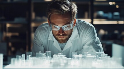 An engineer in a high-tech workspace focusing intently on a 3D holographic model of a complex machine part demonstrating the intricate nature of precision engineering Stock Photo with copy space