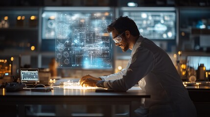 Fototapeta premium A wide shot of an engineer interacting with a detailed 3D holographic blueprint of industrial machinery floating above a workstation emphasizing the role of technology in enhancing design accuracy