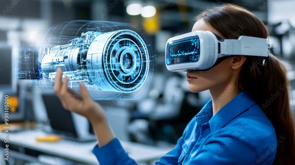 Poster A dynamic scene of an engineer using hand gestures to manipulate a 3D holographic model of complex machinery suspended in the air illustrating the precision and control in modern engineering design